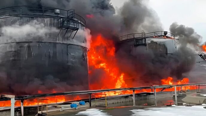 Палаючі резервуари після влучання БпЛА