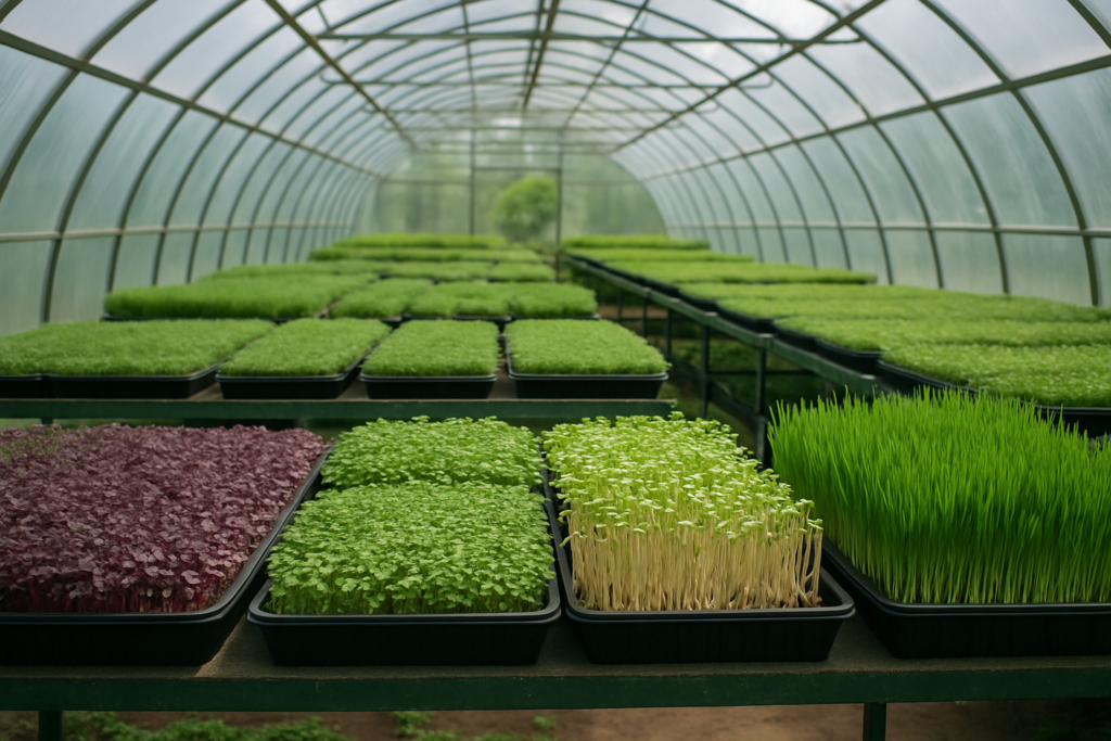 Мікрогрін та пророщені культури в теплиці Мікрогрін та пророщені культури в теплиці