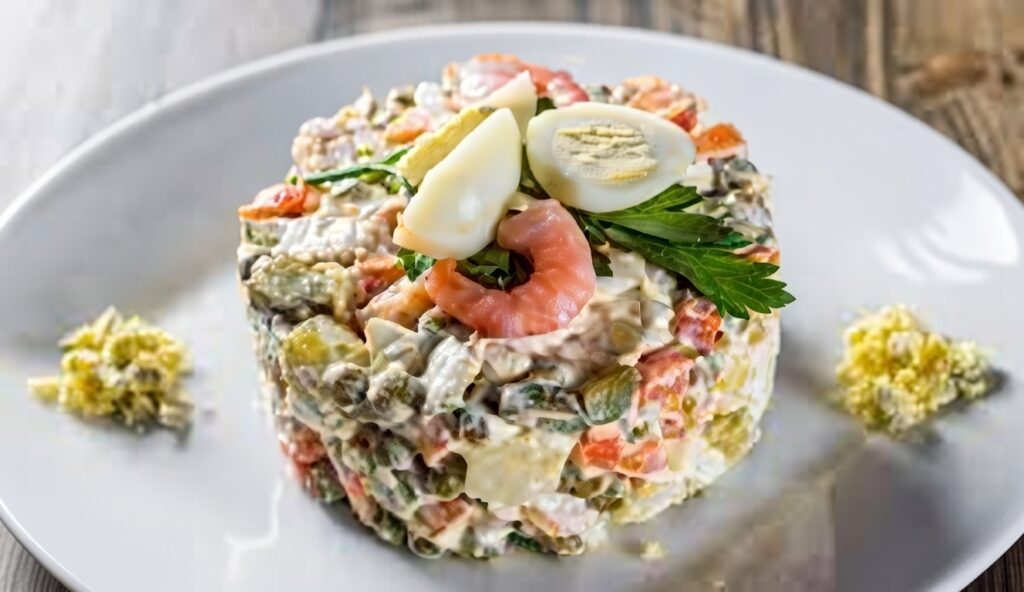 рецепт салату олів'є Вегетаріанський Олів'є з креветками та авокадо