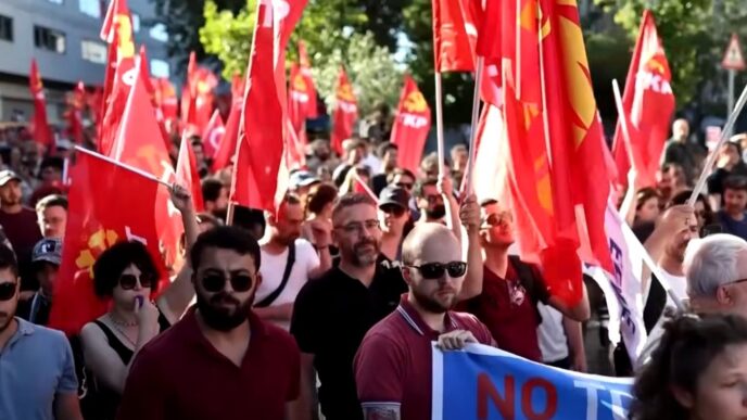 Поліція Туреччини затримала понад 100 комуністів під час протесту проти саміту НАТО в Анкарі 10 Поліція Туреччини затримала понад 100 комуністів під час протесту проти саміту НАТО в Анкарі 9