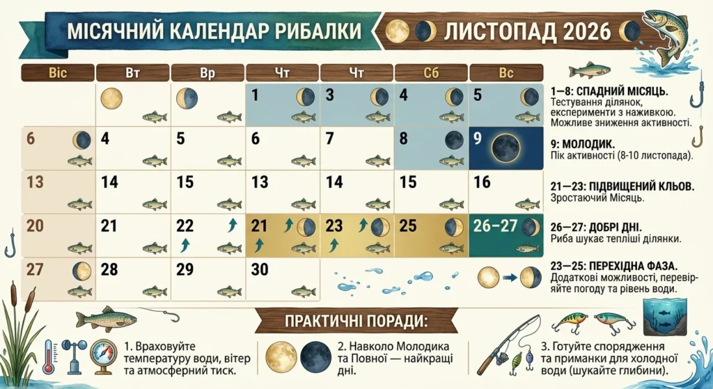 Місячний календар рибалки на листопад 2026: кращі дні та практичні поради 6 Місячний календар рибалки на листопад 2026: кращі дні та практичні поради 5