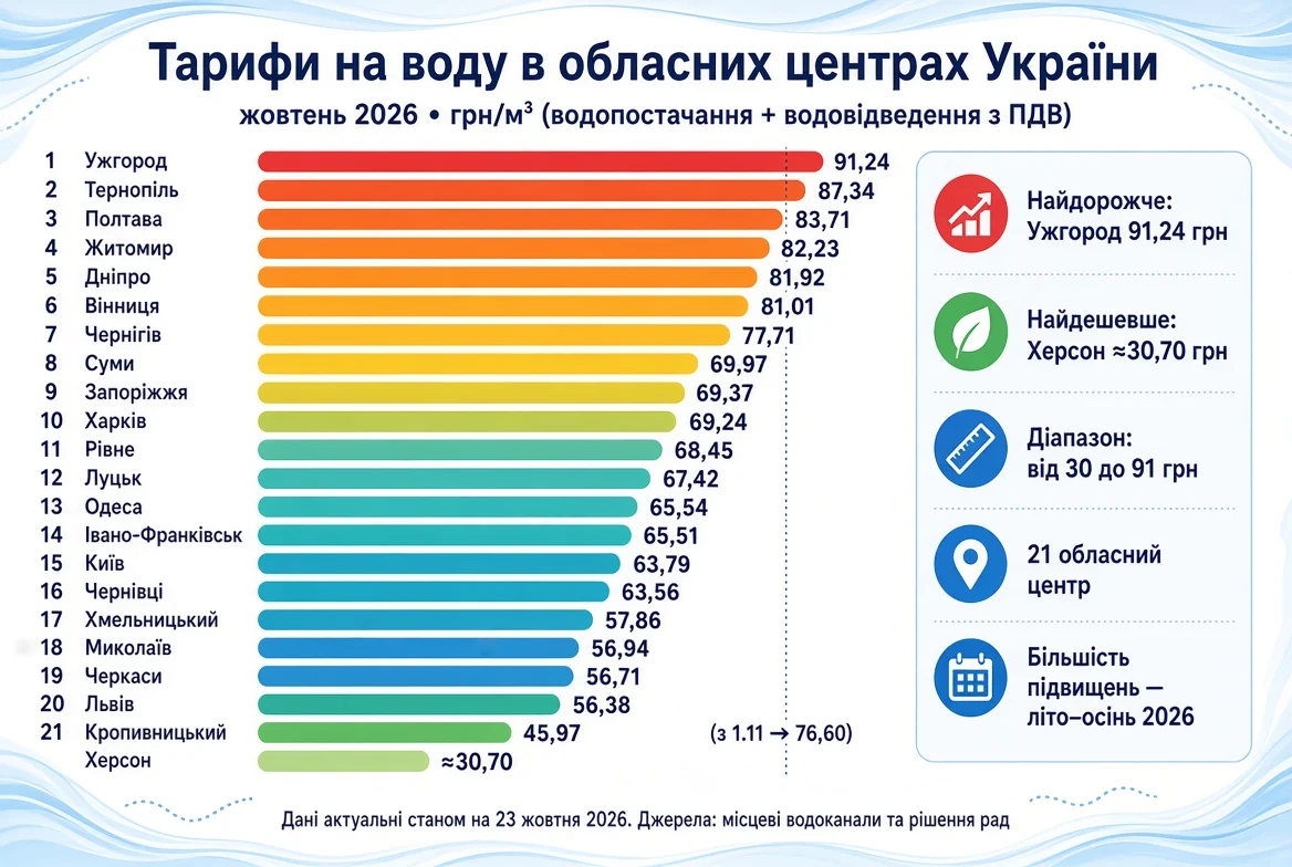 Ціна кубометра води в Україні у 2026 (таблиця): від 30 до 91 грн 47